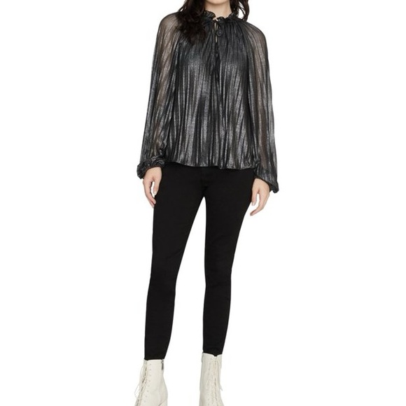 Sanctuary Live It Up Black Metallic Peasant Blouse Long Sleeve Metallic Gray - Picture 2 of 7